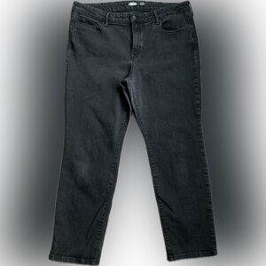 Old Navy mid rise power slim straight black jeans petite | 16 short